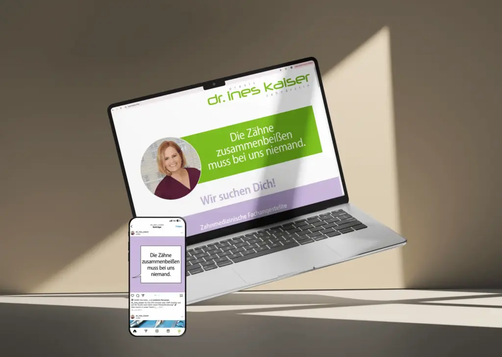 Responsive Darstellung von Landingpage und Social Media Werbung für "Ines Kaiser" in der Übersicht.