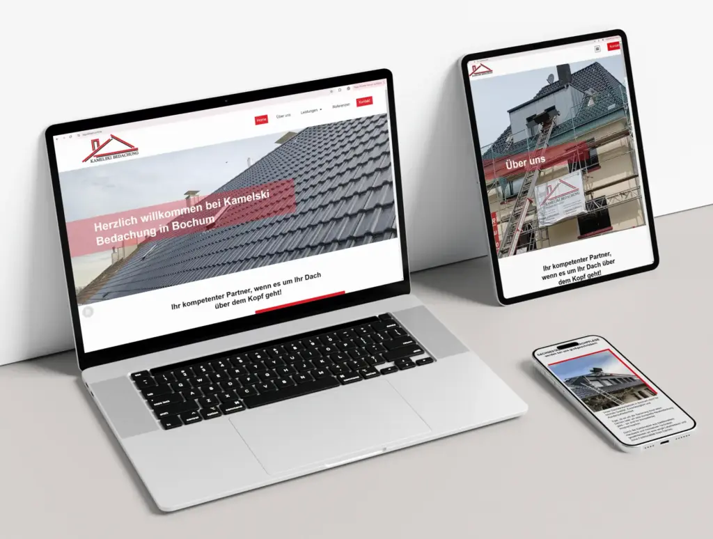 Responsive Darstellung von verschiedenen Unterseiten der Website für "Kamelski Bedachungen" in der Übersicht.