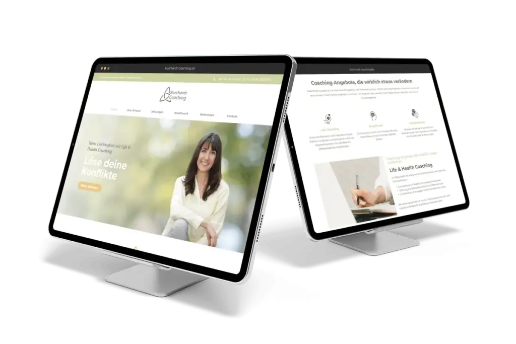 Darstellung von zwei verschiedenen Unterseiten der Website für die Kundin "Simone Burchhardt" in der Übersicht.