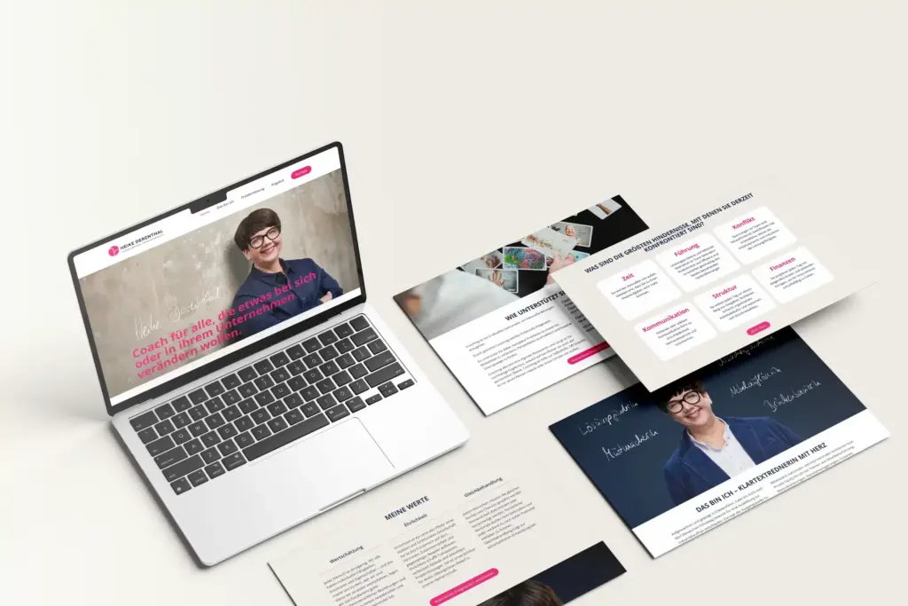 Darstellung der verschiedenen Unterseiten der Website für die Kundin "Heike Derenthal" in der Übersicht.